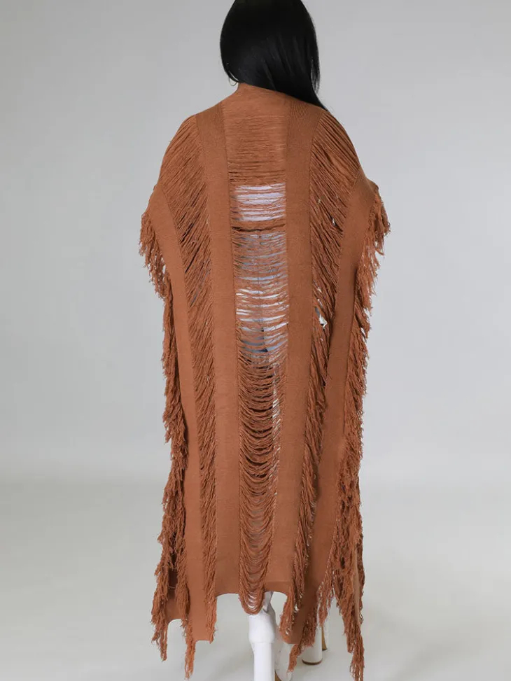 Knit Tassels Short Sleeves Long Cardigan