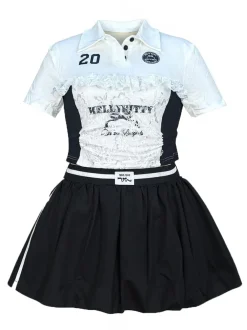 Lace Trim Letter Print Top Pleated Skirt Set