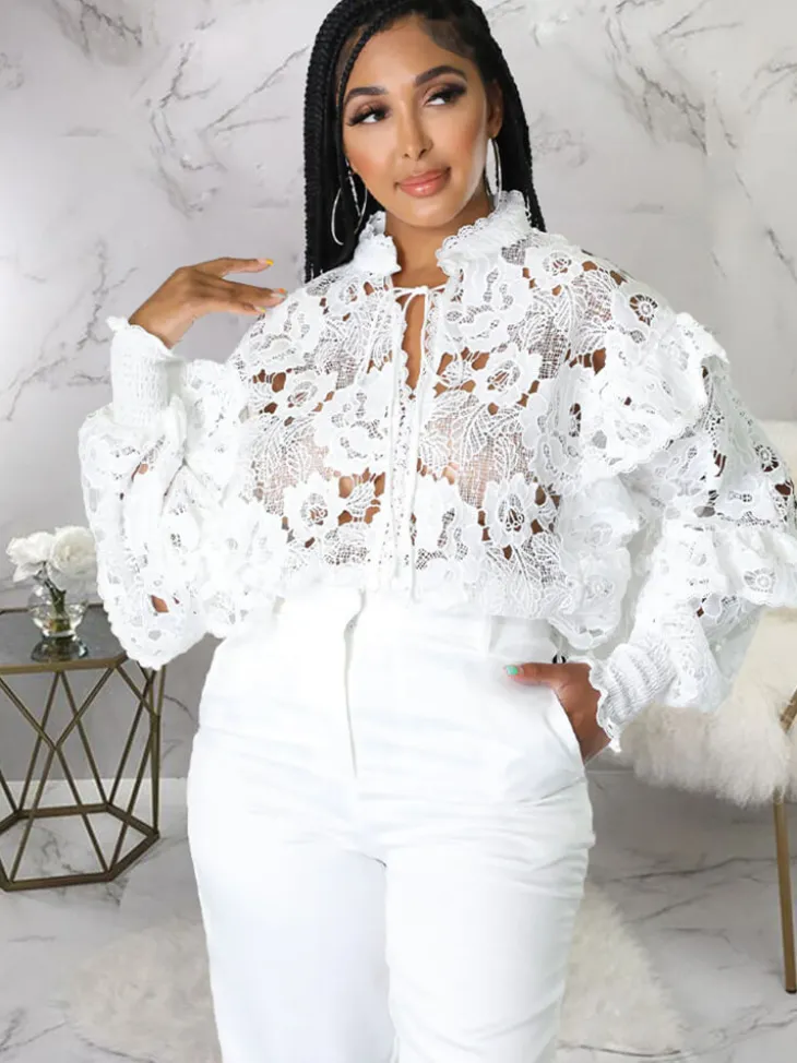 Lantern Sleeve Floral Hollow Out Top