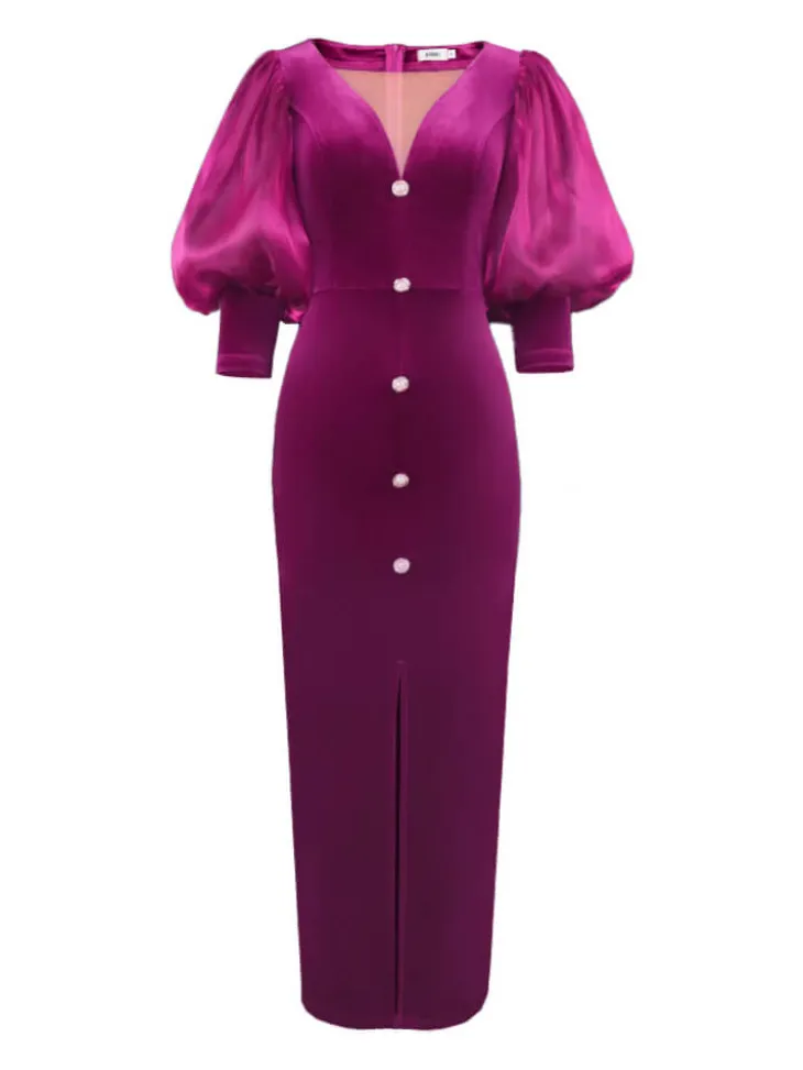Lantern Sleeve Mesh Patchwork Split Midi Dress