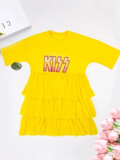 Letter Print Patchwork Tiered Layer Mesh T-shirt Dress