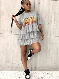 Letter Print Patchwork Tiered Layer Mesh T-shirt Dress