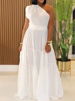 Linen Boho One Shoulder Maxi Dress