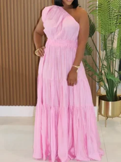 Linen Boho One Shoulder Maxi Dress