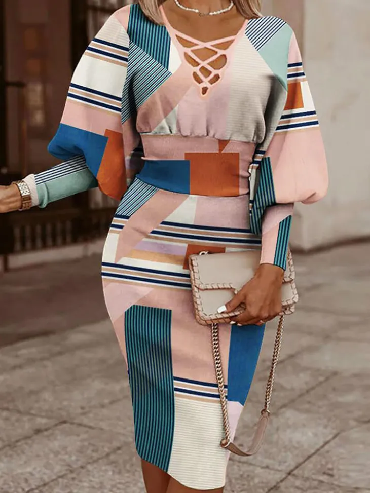 Long Lantern Sleeve Printed Midi Dress