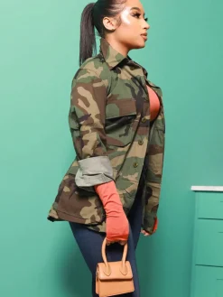 Long Sleeve Camouflage Printed Button Jacket