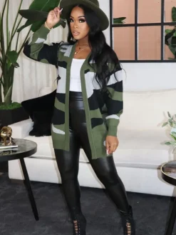 Long Sleeve Casual Camouflage Knitted Cardigan