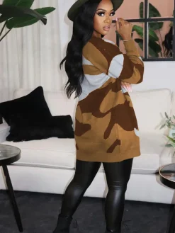 Long Sleeve Casual Camouflage Knitted Cardigan