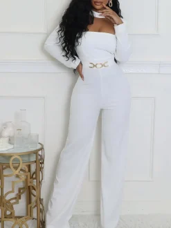 Long Sleeve Choker Waist Chain Jumpsuit