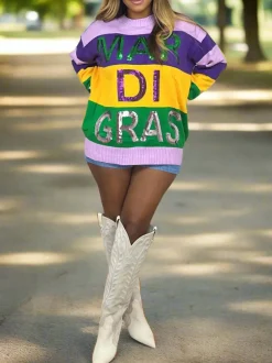 Long Sleeve Color Block Sequin Letter Pullover