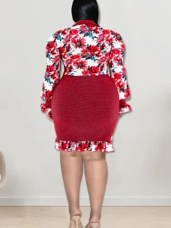 Long Sleeve Floral Print Patchwork Mini Dress
