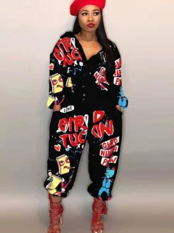 Long Sleeve Graffitti Button Bodycon Jumpsuit
