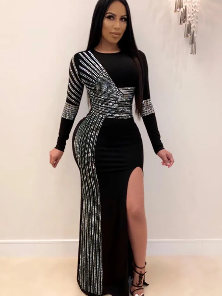 Long Sleeve Hot Drilling Sequins High Split Maxi Dress