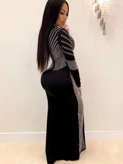 Long Sleeve Hot Drilling Sequins High Split Maxi Dress