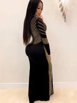 Long Sleeve Hot Drilling Sequins High Split Maxi Dress