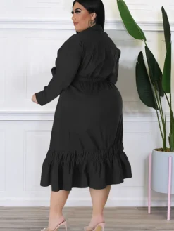 Long Sleeve Lace Up Solid Midi Dress