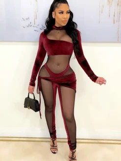 Long Sleeve Mesh Patchwork Jumpsuit