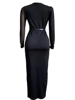 Long Sleeve Mesh Patchwork Split Maxi Dress