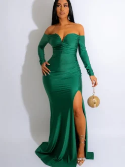 Long Sleeve Off Shoulder Ruched Maxi Dress