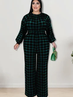 Long Sleeve Plaid Print Wide Leg Jumpsuit