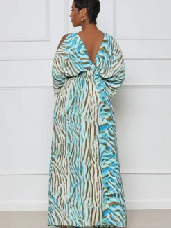 Long Sleeve Printed Off Shoulder Maxi Dress