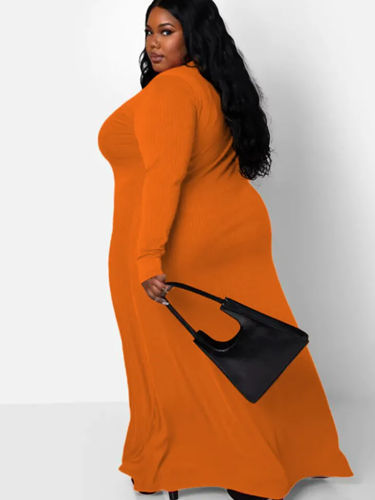 Long Sleeve Ribbed Solid Bodycon Maxi Dress
