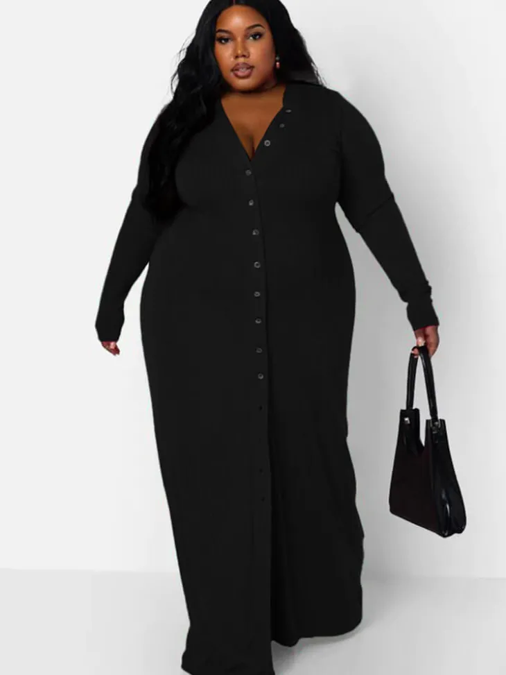 Long Sleeve Ribbed Solid Bodycon Maxi Dress
