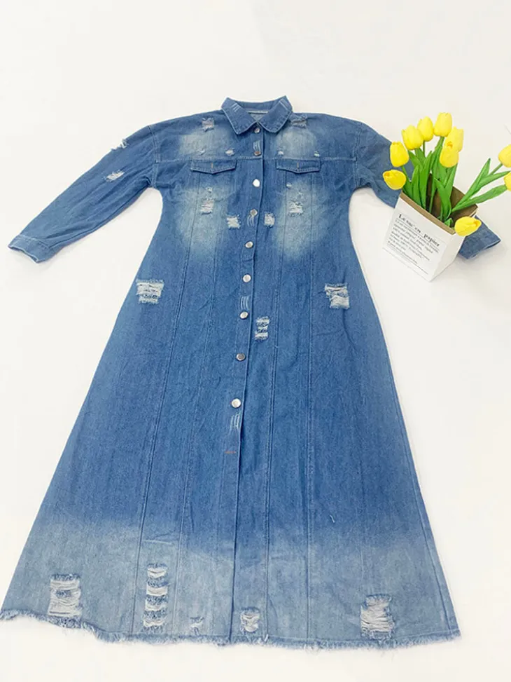Long Sleeve Ripped Long Denim Jacket