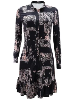 Long Sleeve Ruffle Hem Print Mini Dress