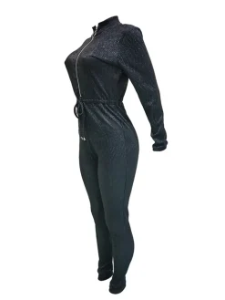 Long Sleeve Sequin Belted Jumpsuit