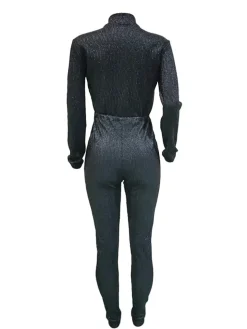 Long Sleeve Sequin Belted Jumpsuit