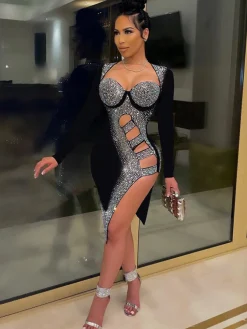 Long Sleeve Sequins Hollow Out Mini Dress