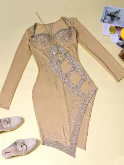 Long Sleeve Sequins Hollow Out Mini Dress