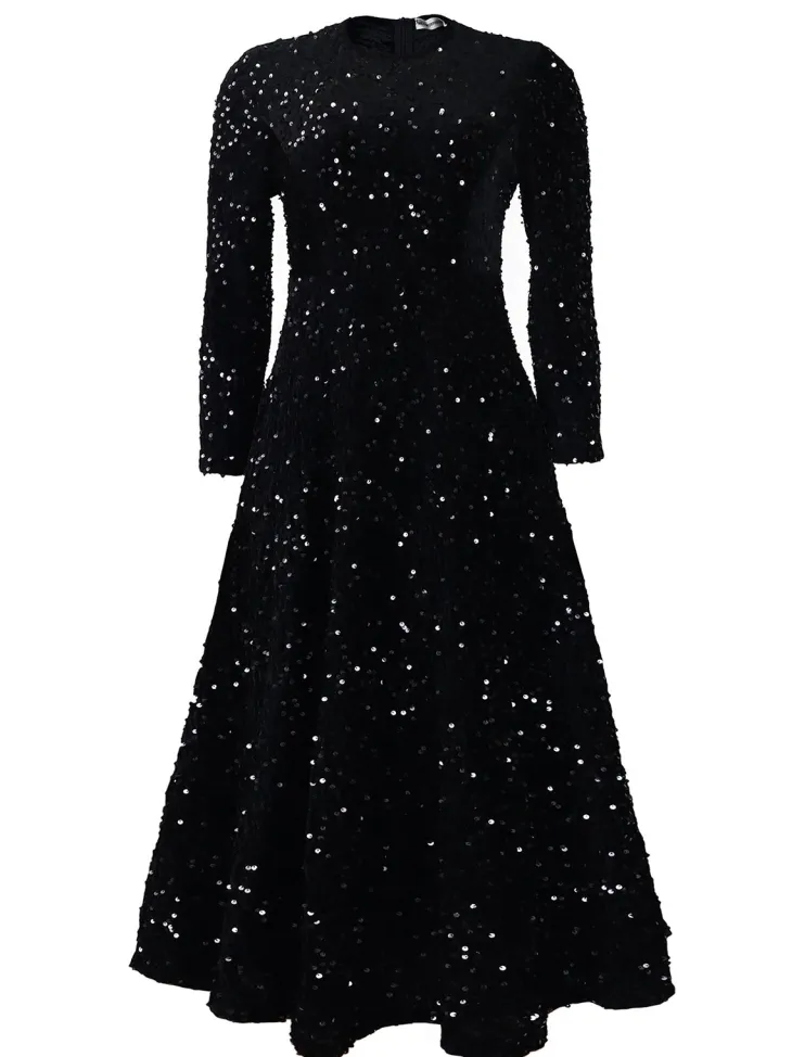 Long Sleeve Solid Color Sequin Dress