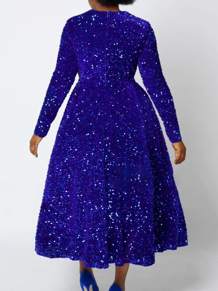 Long Sleeve Solid Color Sequin Dress