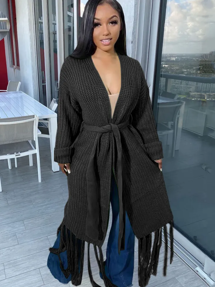 Long Sleeve Solid Color Tassel Cardigan