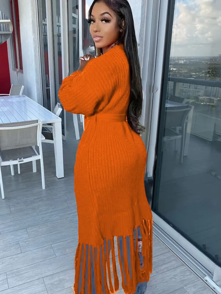 Long Sleeve Solid Color Tassel Cardigan