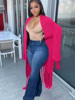 Long Sleeve Solid Color Tassel Cardigan