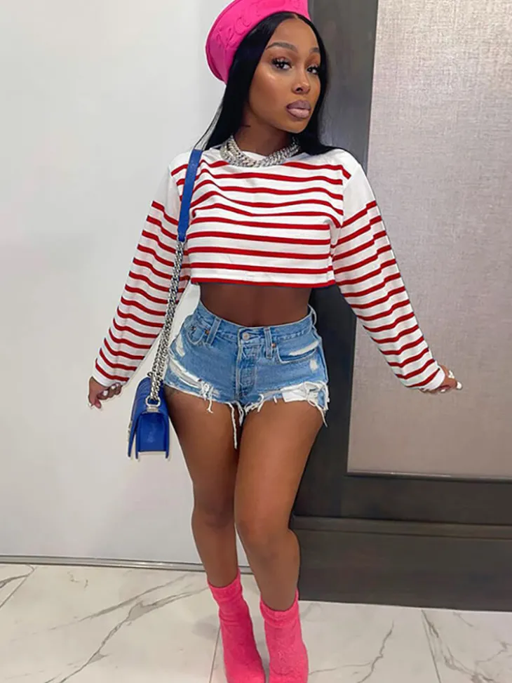 Long Sleeve Striped Crop Top