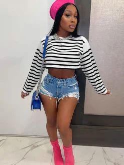Long Sleeve Striped Crop Top