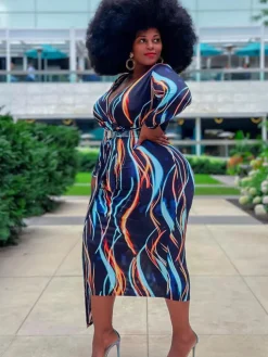 Long Sleeve Striped Print Midi Dress