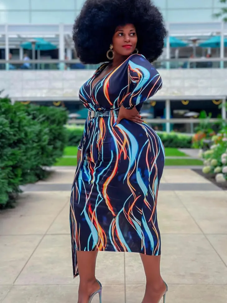 Long Sleeve Striped Print Midi Dress