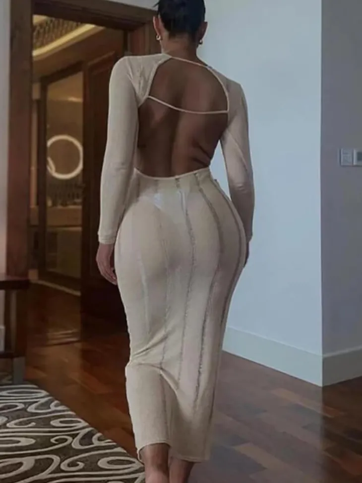 Long Sleeve Tassel Backless Maxi Dress