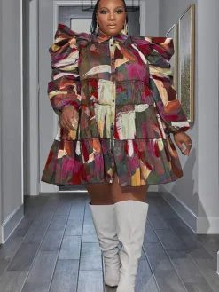 Long Sleeve Tie Dye Ruffle Mini Dress