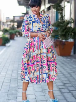 Long Sleeve V Neck Floral Print Midi Dress