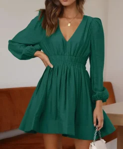 Long Sleeve V Neck Mini Dress