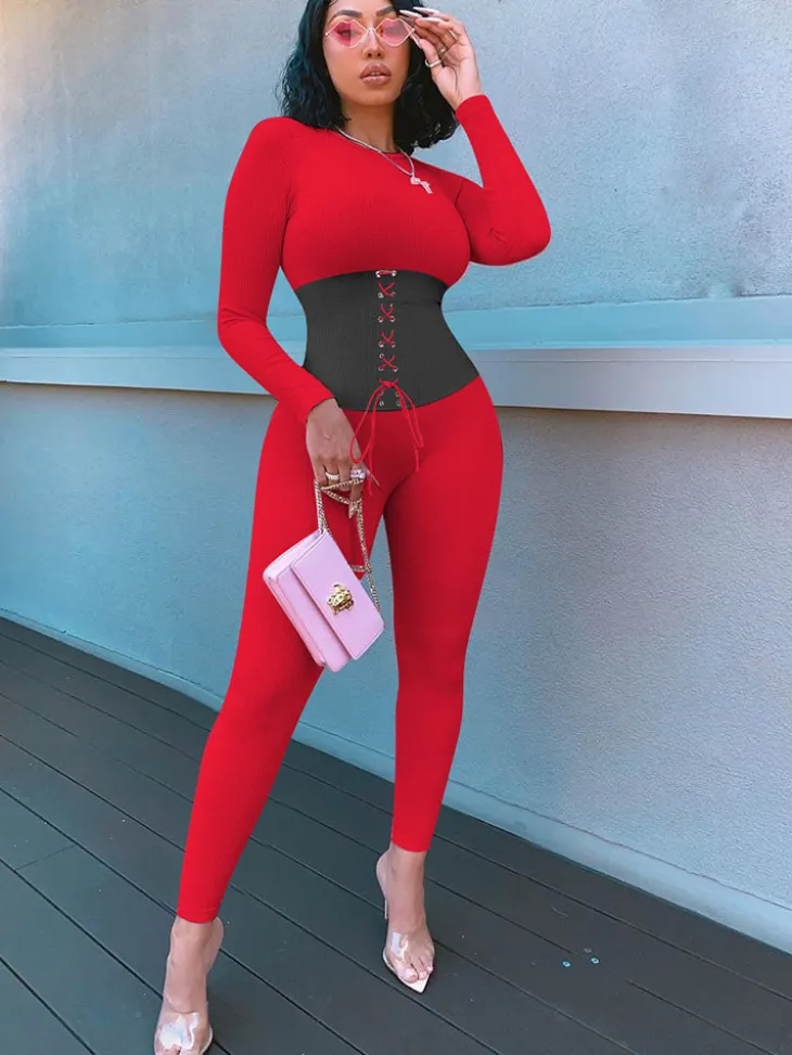 Long Sleeves Color Block Tie Up Jumpsuit