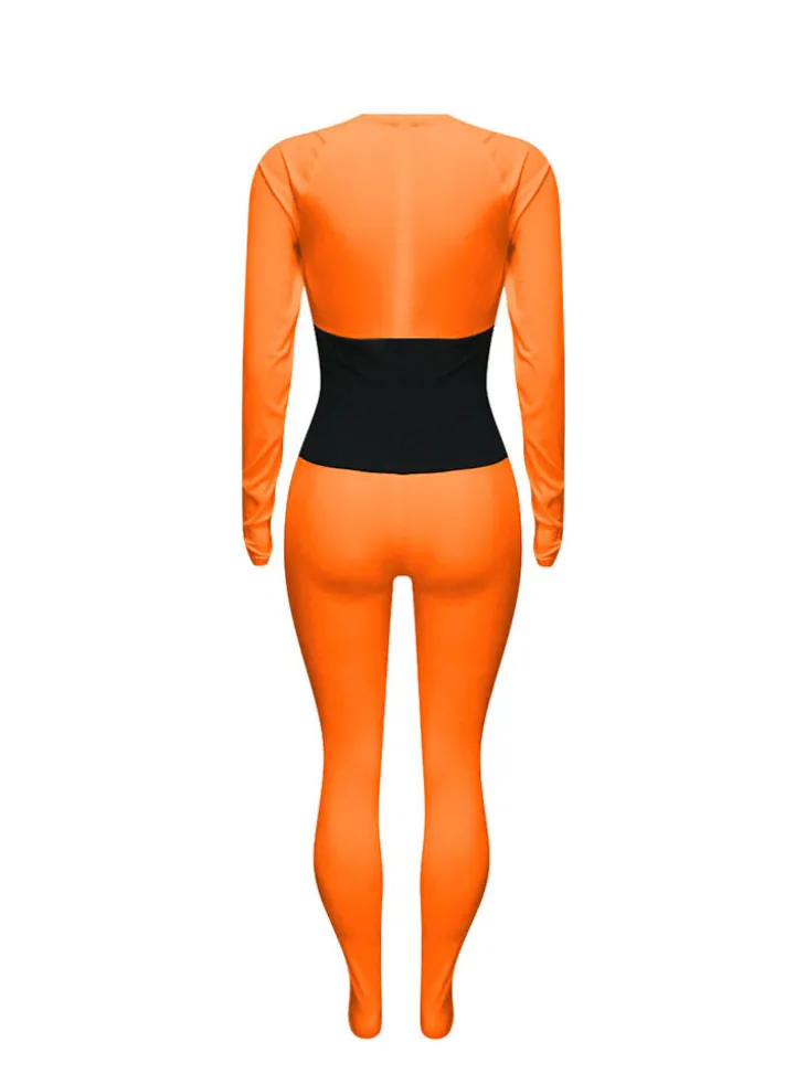 Long Sleeves Color Block Tie Up Jumpsuit