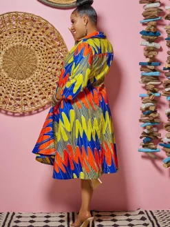 Long Sleeves Figure Print Midi Shirt Dress