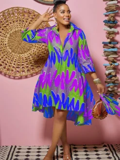 Long Sleeves Figure Print Midi Shirt Dress